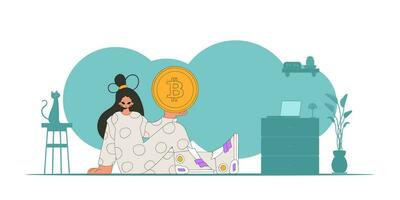 The girl is holding a bitcoin coin. The concept of interaction with digital monetary assets. vector