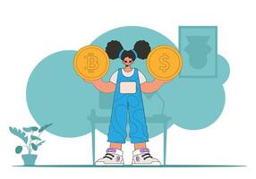 The girl holds a dollar and bitcoin in her hands. The concept of interaction with digital monetary assets. vector