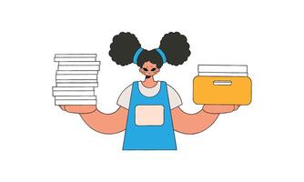 A neat woman holds in her hands a stack of documents. vector