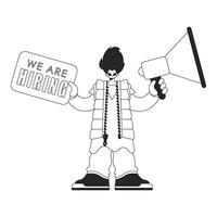 Capable HR specialist man holding a megaphone. HR topic. Linear black and white style. vector