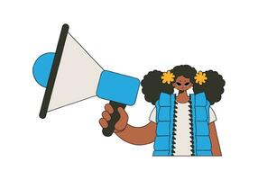 A woman with a megaphone, symbolizing the search for people in the labor market. Recruitment and search of personnel. vector