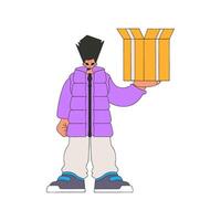 Delightful man holding a box in his hands. Understanding the process of parcel and cargo delivery. vector