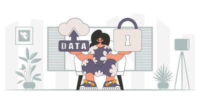 Girl adorned in cloud storage and padlock, in modern character style. vector