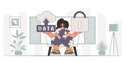 Girl adorned in cloud storage and padlock, in modern vector character style.