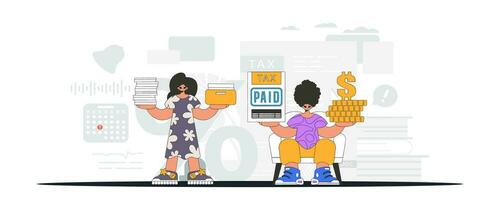 Fashionable guy and girl demonstrate paying taxes. An illustration demonstrating the correct payment of taxes. vector