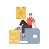 A male courier sits on a bank card and holds a box. Home delivery concept. Isolated. Trendy flat style. Vector. vector