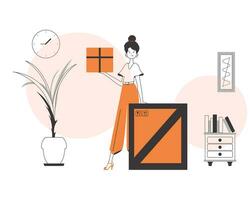 The woman is holding a parcel. Parcel Provider. Linear trendy style. vector