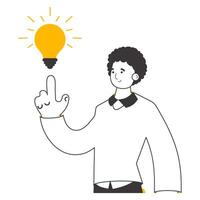 Man and light bulb. Idea concept. Vector illustration. Isolated. Lines modern style.