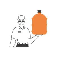 Water delivery concept. Deliveryman. holding a bottle of water in his hands. Linear modern style. vector