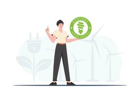 ECO friendly concept. The guy holds the ECO logo in his hands. Vector trend illustration.