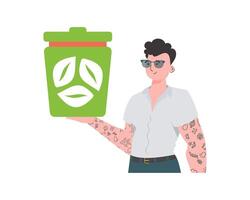 The man is depicted waist-deep and holding a trash can in his hand. The concept of ecology and recycling. Isolated on white background. Vector illustration Flat trendy style.