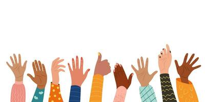 Multinational female hands with various gestures raised up. Isolated on white background. Web banner. Vector Illustration.