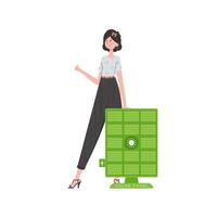 A woman is standing near a solar panel. Green energy concept. Isolated. Vector. trendy style. vector