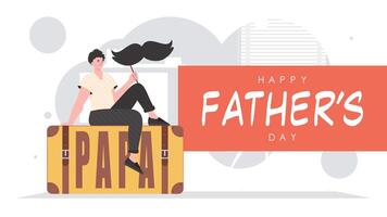 Father's day banner. A man holds a mustache on a stick. Trendy cartoon style. Vector illustration.