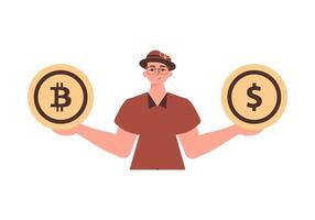 The guy holds a coin of bitcoin and dollar in his hands. Character in trendy style. vector