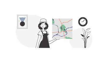 Girl with a map in her hands. Delivery concept. Linear modern style. vector