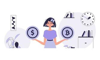 criptomoneda concepto. un mujer sostiene en su manos un bitcoin y un dólar en el formar de monedas personaje con un moderno estilo. vector