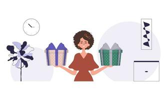 Christmas gift concept. A young woman is holding a gift. vector