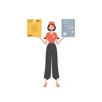 Woman courier delivers a parcel and issues an invoice. Home delivery concept. Isolated. Trendy flat style. Vector. vector