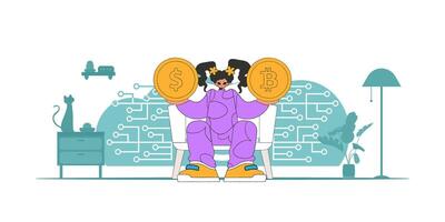 The girl is holding a coin of bitcoin and dollar. Theme of interaction with digital monetary assets. vector