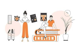 Girl and guy English teacher. The concept of learning a foreign language. Linear modern style. vector