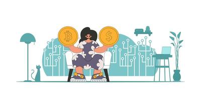 The girl is holding a dollar and bitcoin coin. Theme of interaction with digital monetary assets. vector