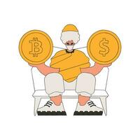 A man holds a bitcoin and a dollar in his hands. Character trendy style. vector