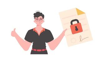 The man is holding a document. Smart contract. Data protection. Modern trendy style. vector