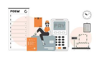 The girl is sitting on a bank card and holding a parcel. Delivery concept. Linear style. vector