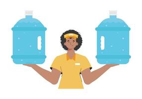 A man is holding a bottle of water. Delivery concept. The trendy character is shown to the waist. Isolated. Vector illustration.