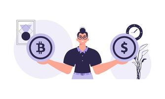 The concept of mining and extraction of bitcoin. A man holds a bitcoin and a dollar in the form of coins in his hands. Character in modern trendy style. vector