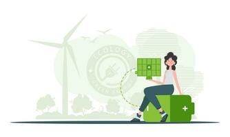 Eco energy concept. A woman sits on a battery and holds a solar panel in her hands. Vector illustration.