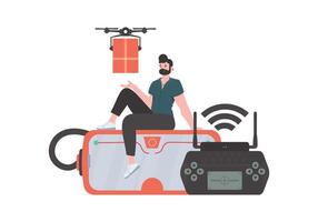 el concepto de carga entrega por aire. un hombre control S un quadcopter con un paquete. aislado en blanco antecedentes. plano moderno diseño. vector. vector