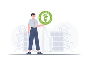 The concept of ecology and green energy. A man holds the ECO logo in his hands. Vector trend illustration.