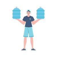 Water delivery concept. The man is holding a large water bottle. The character is depicted in full growth. Isolated on white background. Vector illustration.