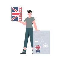 un hombre sostiene un Inglés diccionario y un certificado en su manos. el concepto de aprendizaje inglés. aislado. de moda estilo. vector. vector