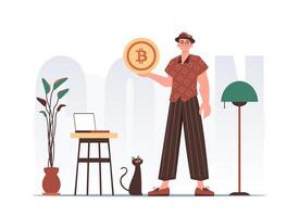 bitcoin minería concepto. un hombre sostiene un bitcoin en su manos. personaje en de moda estilo. vector