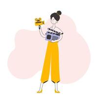 Girl blogger. The concept of social networking. Trendy style line art. Isolated on white background. . vector