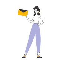 The girl is holding an envelope or a letter in her hands. Linear trendy style. Isolated on white background. . vector