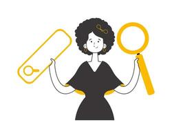 The girl is holding a magnifying glass in her hands. Search concept. Line art style. Isolated. Vector. vector