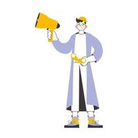 A man holds a mouthpiece and binoculars in his hands. Job Search Theme. H.R. Linear style. Isolated. Vector. vector