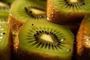 kiwi tostada, macro Disparo de un Fresco desayuno con goteo Miel, ai generado foto