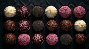 Generative AI, Chocolate candy balls, close up traditional Brazilian brigadeiro photo