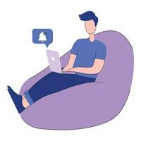 Man sitting at seek with laptop, receiving mails and notifications. vector