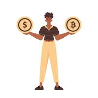 The guy holds in his hands bitcoin and dollar in the form of coins. Character in trendy style. vector