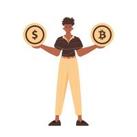 The guy holds in his hands bitcoin and dollar in the form of coins. Character in trendy style. vector