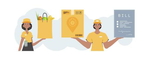 Delivery team. Ready made poster on the theme of delivery. Cartoon style. Vector. vector