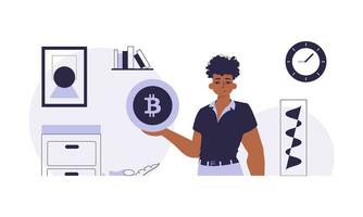 The concept of mining and extraction of bitcoin. A man holds a bitcoin in his hands. Character in modern trendy style. vector