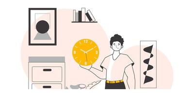 The man is holding a watch. Time management concept. Minimalistic linear style. Vector illustration.