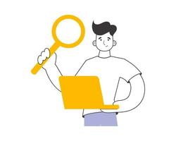 A man holds a magnifying glass and a laptop in his hands. Job Search Theme. H.R. Linear trendy style. Isolated. Vector. vector